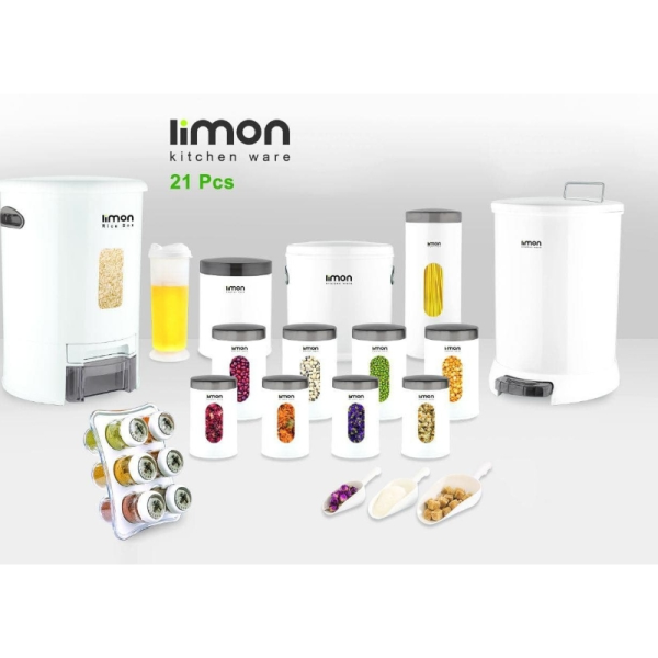 سرویس آشپزخانه 21 پارچه لیمون کد 201000، سرویس آشپزخانه درب شفاف، مناسب جهزیه عروس با رنگ سفید