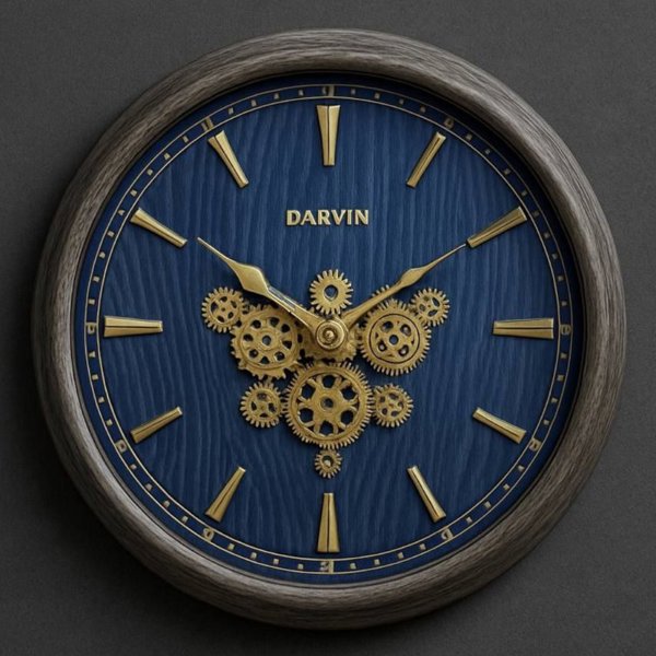 ساعت دیواری چوبی داروین مدل 7306 با چرخ‌دنده‌های متحرک، یک شاهکار هنری با صفحه آبی اقیانوسی و قاب چوبی، 5 سال ضمانت