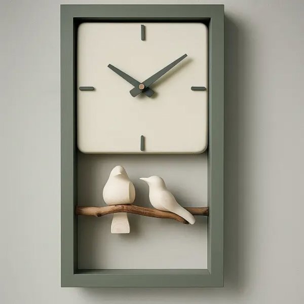 ساعت دیواری چوبی دست‌ساز با طرح هنری دو پرنده کد 122، قاب مستطیلی | نمادی از عشق و آرامش در خانه شما