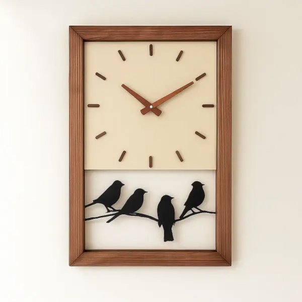 ساعت دیواری چوبی دست‌ساز با طرح هنری چهار پرنده کد 177، قاب مستطیلی شیک | نمادی از دوستی و طبیعت در خانه شما